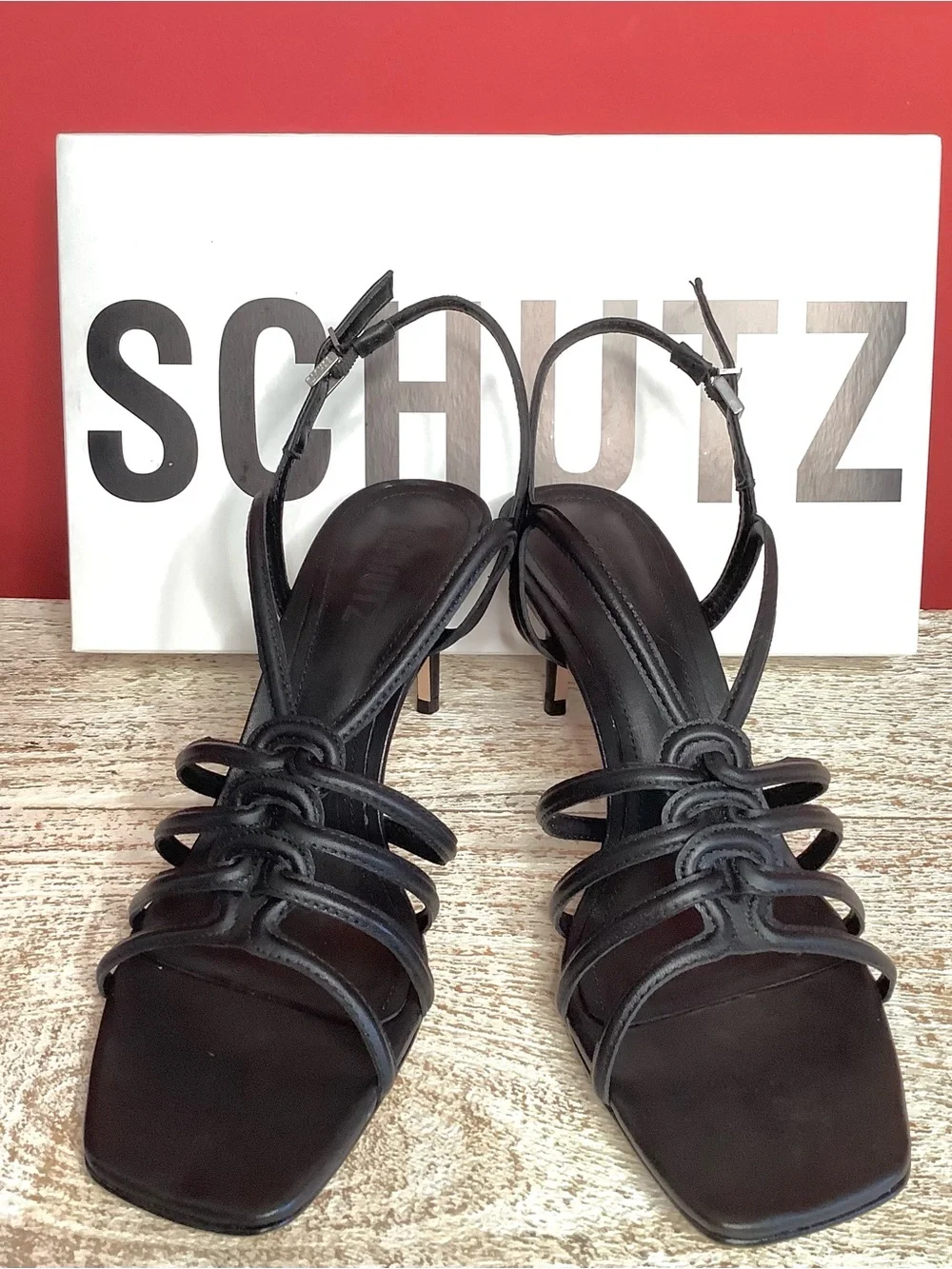 SCHUTZ Octavia Black Leather Knotted Strappy 3” Stiletto Sandals